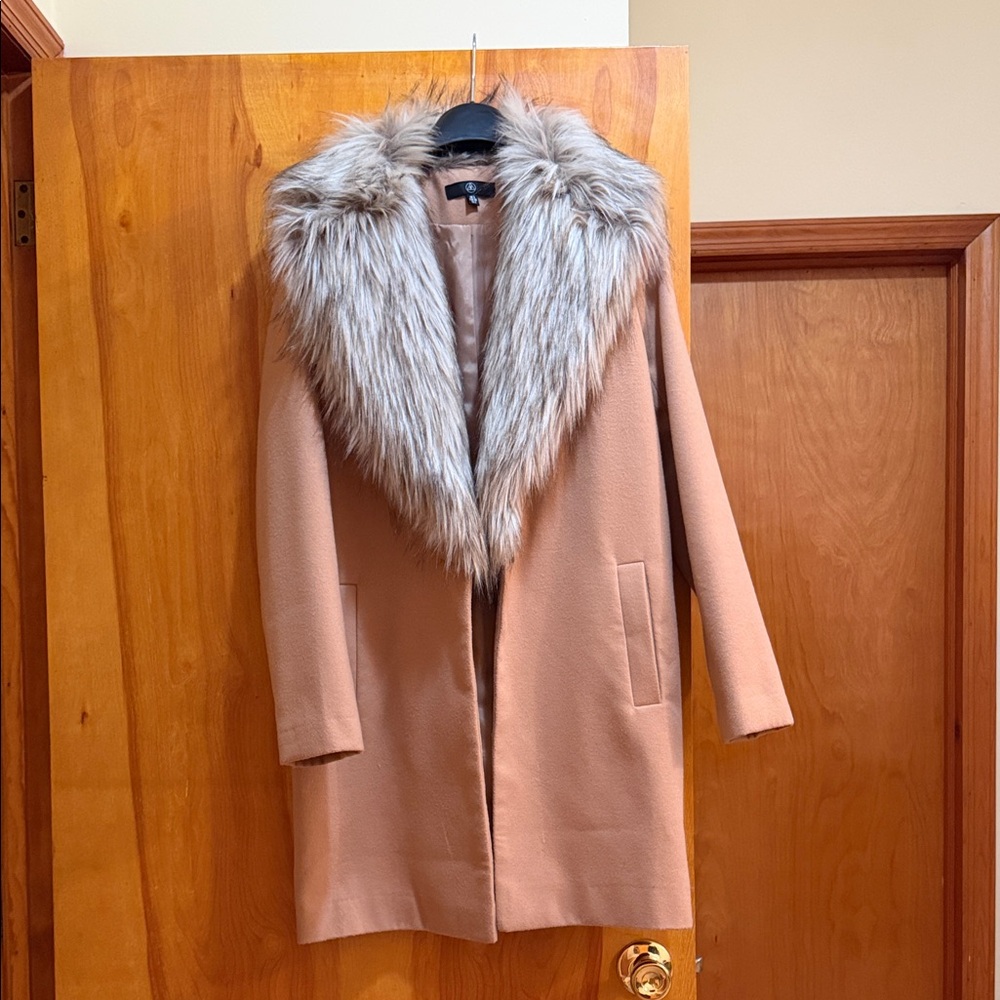 Women's Tan Coat with Faux Fur Collar